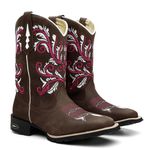Bota Texana Feminina Crazy Horse Café Bordado Tribal Rosa e Branco