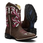 Bota Texana Feminina Crazy Horse Café Bordado Tribal Rosa e Branco