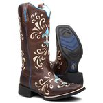 Bota Texana Feminina Bordado 910 Azul/Crazy Horse café