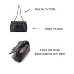 Bolsa Transversal Feminina Matelassê em Couro Alça de corrente Dourada - Preta