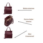 Bolsa Feminina Couro Legítimo Bolsos Externos Grande Marsala ( Vinho)