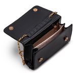 Bolsa Clutch Metalizada em Couro Tiracolo - Preta com Alça Dourada