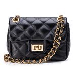 Bolsa Feminina Mini Bag Matelassê Corrente Couro Legítimo - Preta e dourada