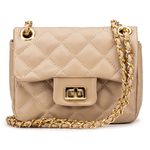 Bolsa Feminina Mini Bag Matelassê Corrente Couro Legítimo -Nude e Dourada 