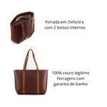 Bolsa Tote Shopper Cris Santos Quadrada Estruturada Divisória e Bolsos Internos Ombro Couro Legítimo Feminina - Pinhão com alça Caramelo