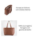 Bolsa Tote Shopper Cris Santos Quadrada Estruturada Divisória e Bolsos Internos Ombro Couro Legítimo Feminina - Caramelo