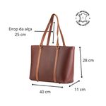 Bolsa Tote Shopper Cris Santos Quadrada Estruturada Divisória e Bolsos Internos Ombro Couro Legítimo Feminina - Pinhão com alça Caramelo