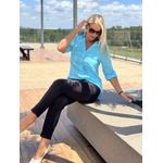 Camisa V Com Bolso Em Linho 100% Italiano Azul Turquesa Bianca 