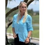 Camisa V Com Bolso Em Linho 100% Italiano Azul Turquesa Bianca 