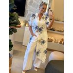 Chemise MS 100% Linho Italiano Floral Off E Azul Izadora 1811