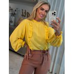 Blusa Manga Longa Bufante em Viscose com Babados Amarelo 
