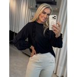 Blusa Manga Longa Bufante em Viscose com Babados Preto