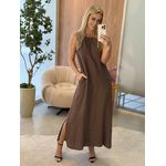 Vestido Regata Em Linho 100% Italiano Reto Com Bolsos Marrom Sofia 1509