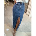Saia Jeans Longa Com Fenda Frontal E Elastano