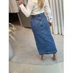 Saia Jeans Longa Com Fenda Frontal E Elastano