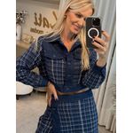 Jaqueta Jeans Cropped Com Gola E Padronagem Xadrez