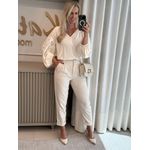 Blusa De Mangas Longas Bufantes Com Bordados E Amarração Bege