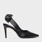 Scarpin Slingback Lace Studs Prata Salto Fino Couro Preto