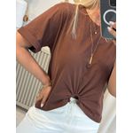 Blusa Em Algodão Com Mangas Médias E Argola Frontal Marrom 
