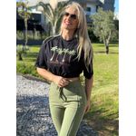 T-Shirt Cropped Estampada Com Elástico Barra Preto 