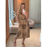 Vestido MS 100% Linho Italiano Floral Decote V Midi Marrom Carina 1411 