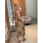 Vestido MS 100% Linho Italiano Floral Decote V Midi Marrom Carina 1411 