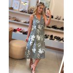 Vestido MS 100% Linho Italiano Floral Decote V Midi Verde Carina 1411
