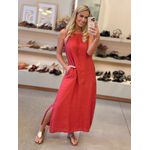 Vestido Regata Em Linho 100% Italiano Com Bolsos Jhuli Vermelho 1011