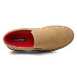 Sapato Slip-On couro bege, solado borracha ambar e palmilha anatômica.