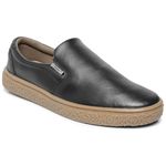 Sapato Slip-On preto, solado borracha ambar e palmilha anatômica.