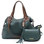 kit bolsa grande verde- militar com alcas croco caramelo e mini verde militar couro legitimo 