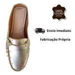 Mocassim em Couro Ouro Branco Cravos