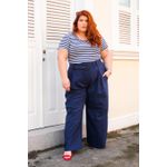 Calça Pantalona Botões 2.0 Linho com Elastano Azul Marinho - Plus Size