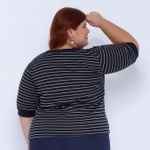 Blusa Moletinho Manga 3/4 Azul Listrada - Plus Size