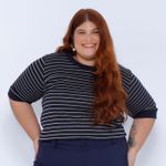 Blusa Moletinho Manga 3/4 Azul Listrada - Plus Size