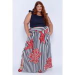 Saia Longa Viscose Listrada Floral - Plus Size