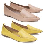 Kit 02 Mocassins Femininos Confort Bico Fino Couro Legítimo Nude e Amarelo