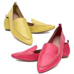 Kit 02 Mocassins Femininos Confort Bico Fino Couro Legítimo Pink e Amarelo