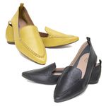 Kit 02 Mocassins Femininos Confort Bico Fino Couro Legítimo Preto e Amarelo