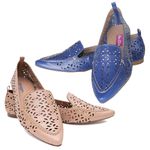 Kit 02 Mocassins Femininos Confort Bico Fino Couro Legítimo Azul e Nude