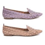 Kit 02 Mocassins Femininos Confort Bico Fino Couro Legítimo Lilás e Nude