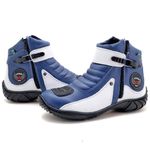 Bota Motociclista Cano Curto Couro Legítimo Azul e Branco