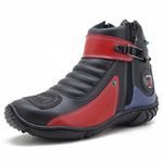 Bota Motociclista Cano Curto Couro Legítimo Preto Vermelho Azul