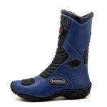 Bota Motociclista Cano Médio Couro Legítimo Semi-Impermeável Velcro Panturrilha Azul e Preto