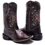 Bota Texana Feminina Cano Alto Cruz Bordada Café