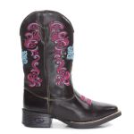 Bota Texana Feminina Cano Alto Café Bordado Rosa
