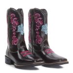 Bota Texana Feminina Cano Alto Café Bordado Rosa