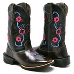 Bota Texana Feminina Preta e Café Bordado Rosa