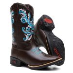 Bota Texana Feminina Cano Longo Café Azul