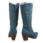 Bota Feminina Western Cano Longo Tecido Jeans Escuro e Claro